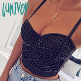 Lunivop Women Summer Fashion Sexy Strap Beading White Black Ladies Top Celebrity Designer High